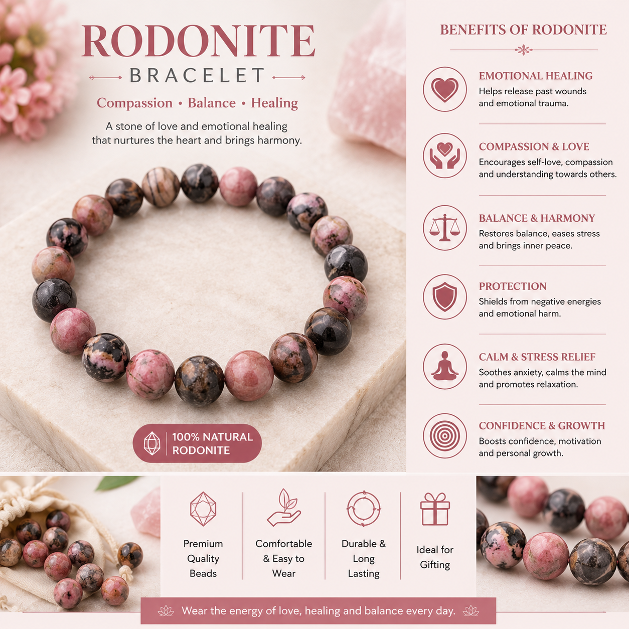 Natural Rhodonite Healing Bracelet - Image 2