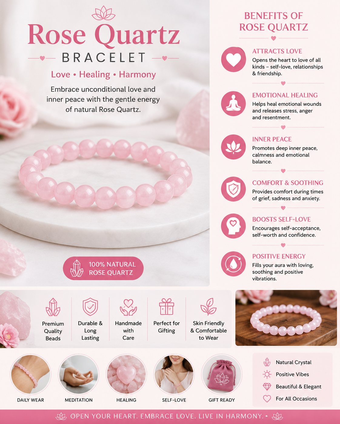 Natural Rose Quartz Bracelet - Image 2